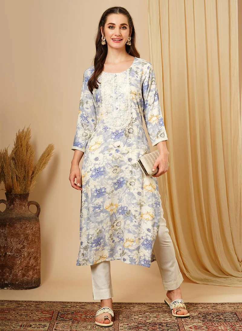 globus Globus Women Blue Floral Foil Printed Sequinned Straight Kurta